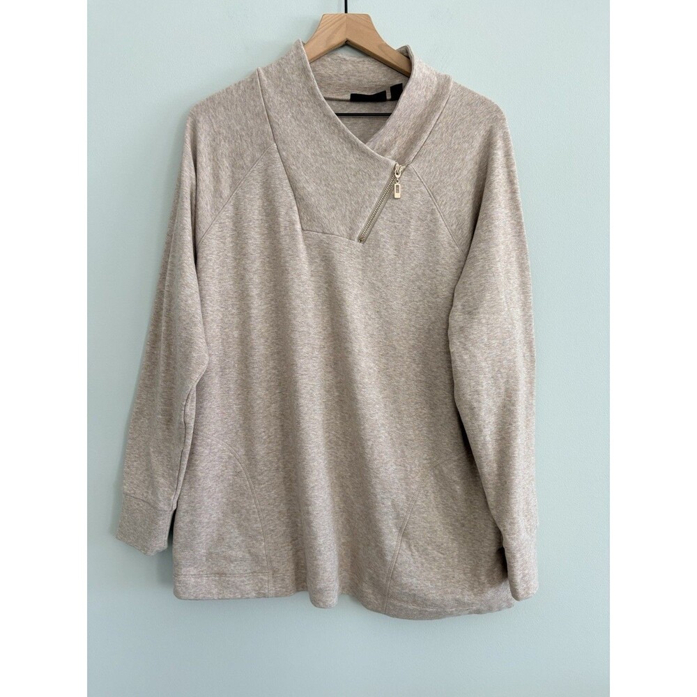 Susan Graver Weekend Womens Large Tan Pullover Sweatshirt With 1/4 Zip Collar